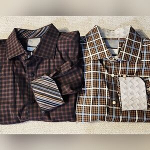 (2) Lot 2 Thomas Dean Long Sleeve Brown Neutral Plaid XXL Cotton Contrast Cuff,